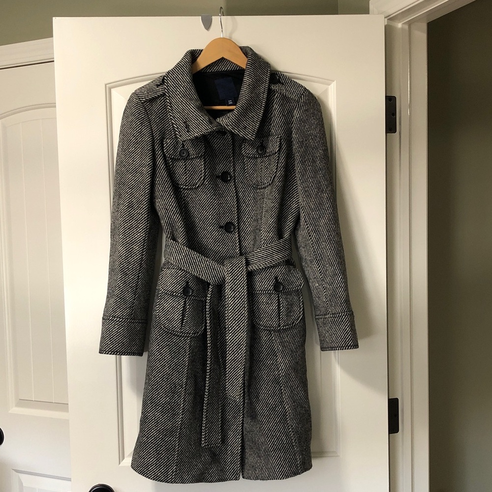 GAP Vintage Herringbone Belted Wool-Blend Military Style Winter Coat - M